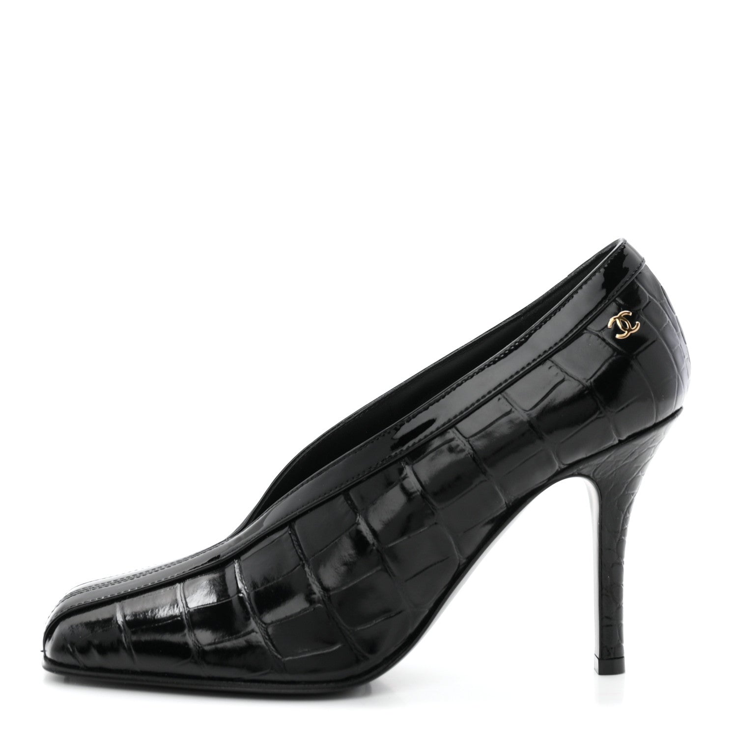 Chanel Crocodile Embossed Patent Calfskin Pumps 38.5 Black 1 of 10