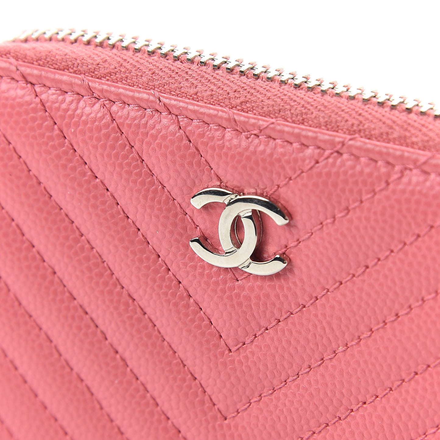 Caviar Chevron Quilted Zip Around Coin Purse Pink