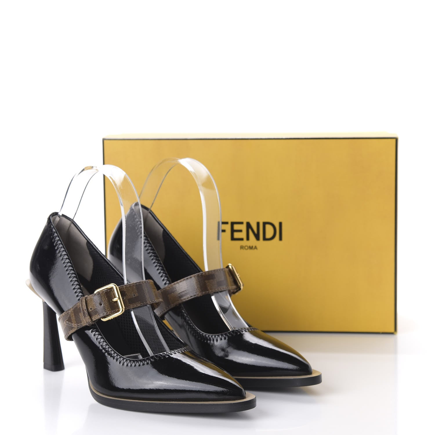 Fendi Glossy Neoprene Glazed Fabric FF FFrame Court Mary Jane Pumps 38.5 Black Tobacco Moro 8 of 8