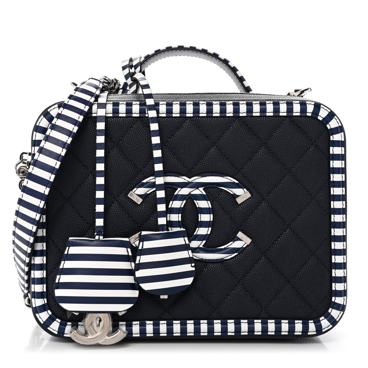 Caviar Quilted Striped Medium CC Filigree Vanity Case Navy White