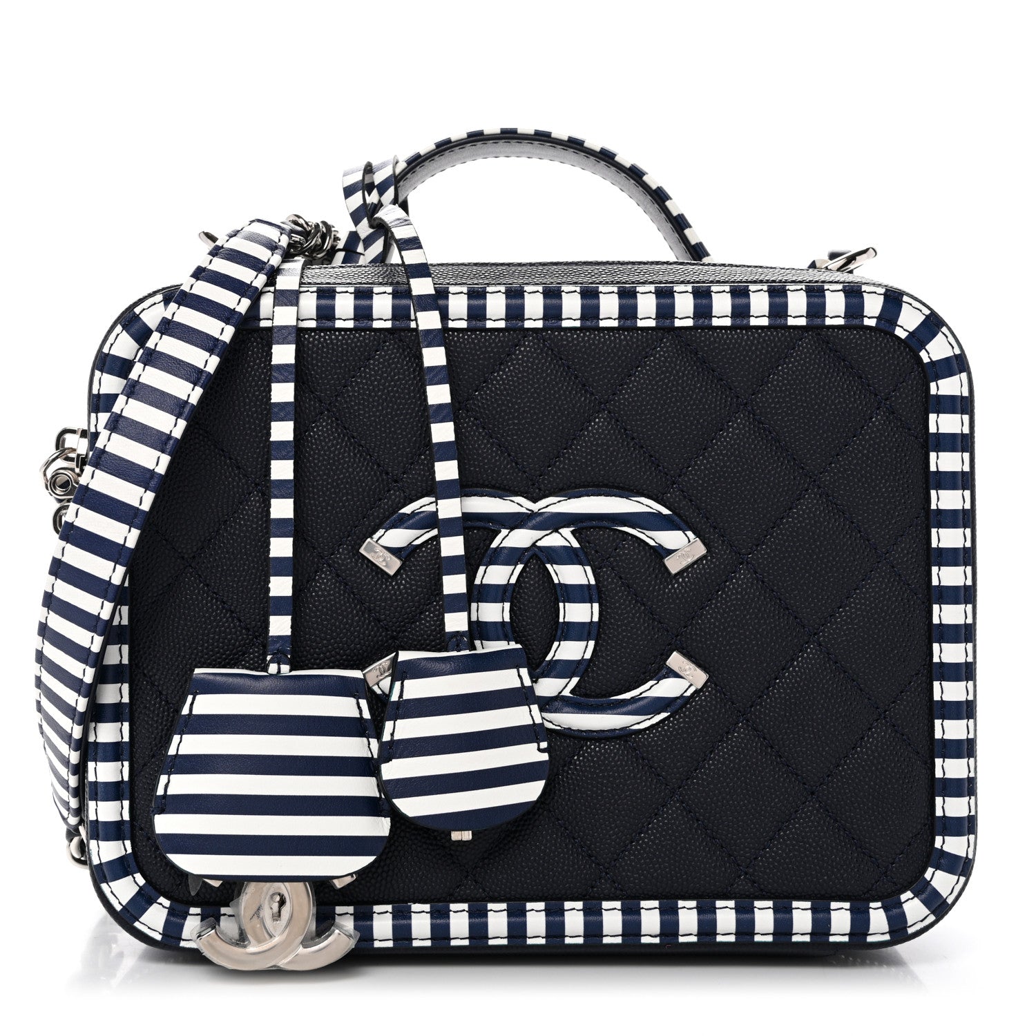 Chanel Caviar Quilted Striped Medium CC Filigree Vanity Case Navy White 1 of 10