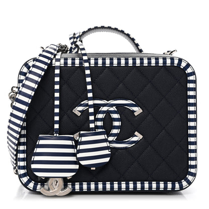 Chanel Caviar Quilted Striped Medium CC Filigree Vanity Case Navy White 1 of 10
