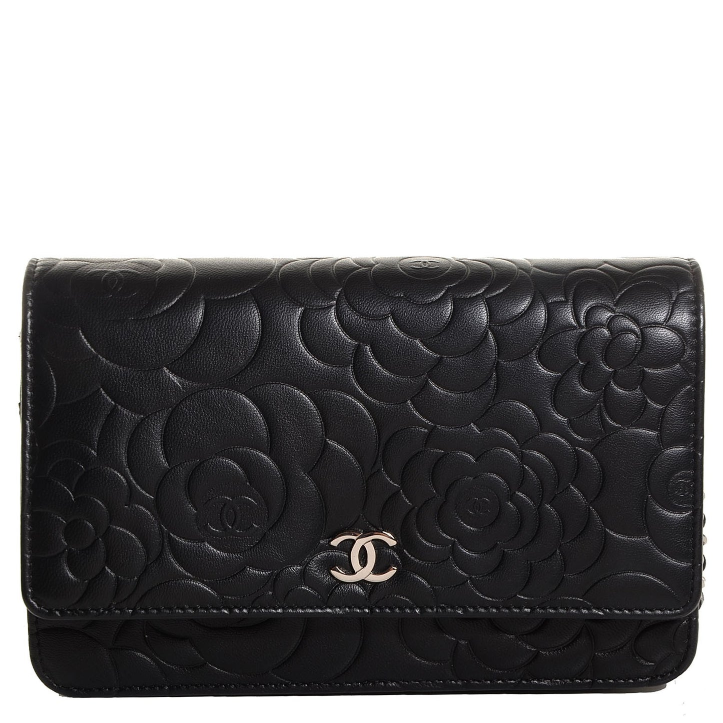 Lambskin Camellia Wallet on Chain WOC Black