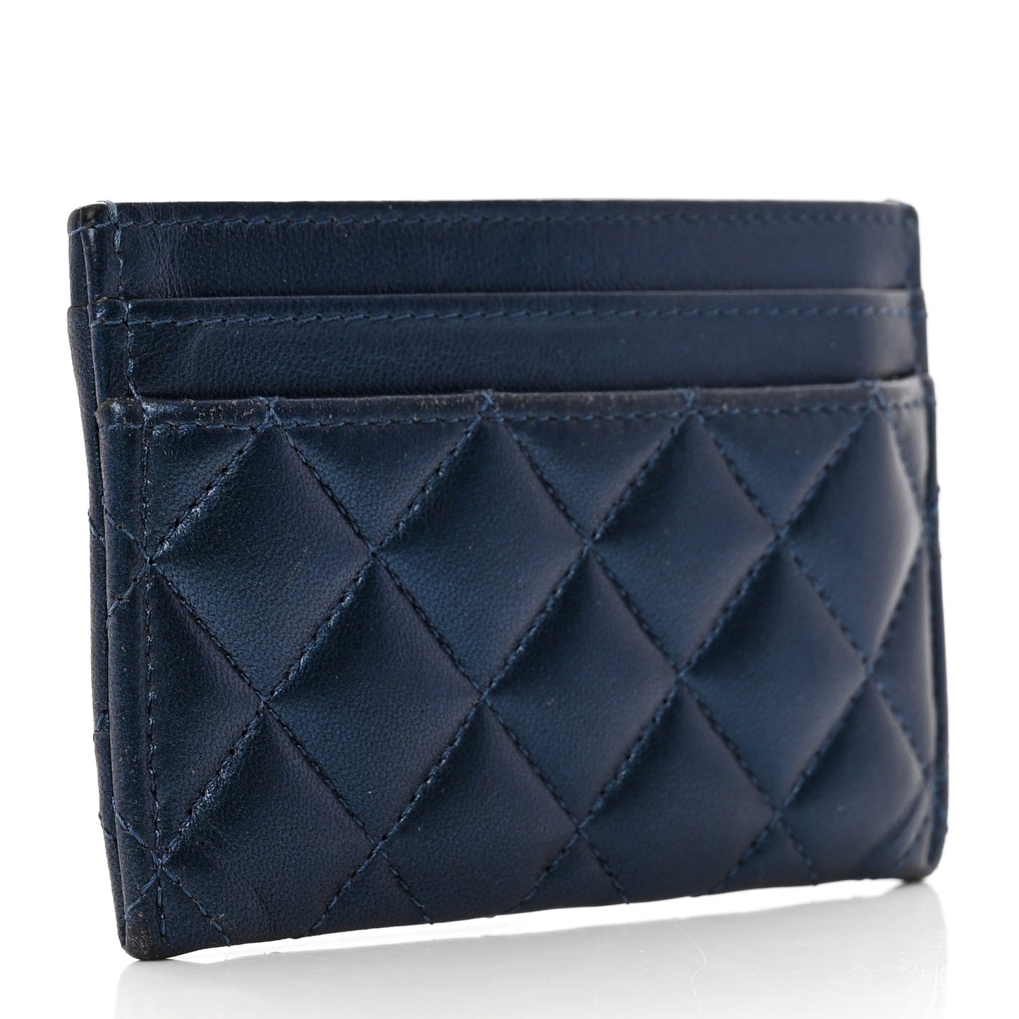 Metallic Lambskin Quilted Boy Card Holder Navy Blue