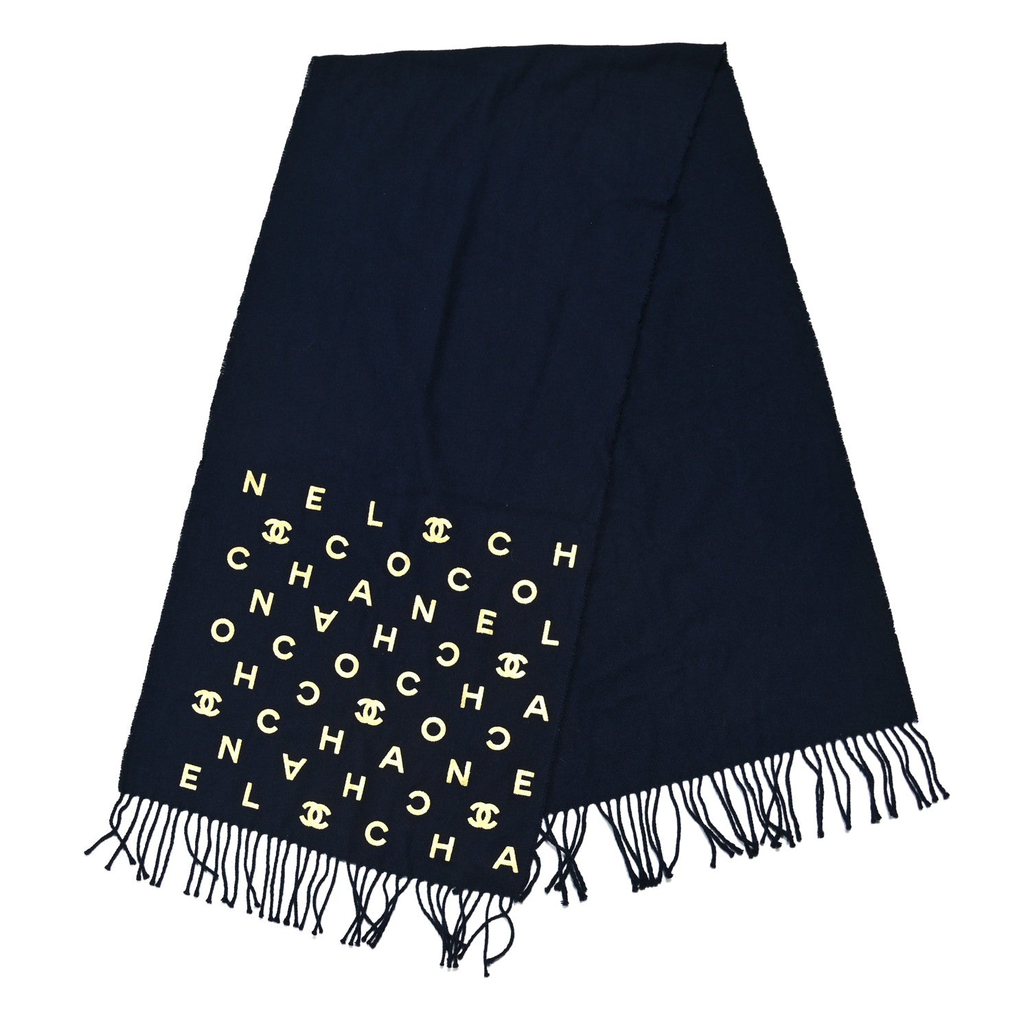 Chanel Cashmere Silk CC Letters Fringe Scarf Navy Blue Gold 2 of 3