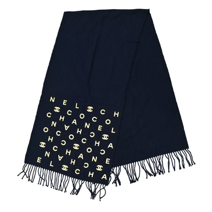 Chanel Cashmere Silk CC Letters Fringe Scarf Navy Blue Gold 2 of 3