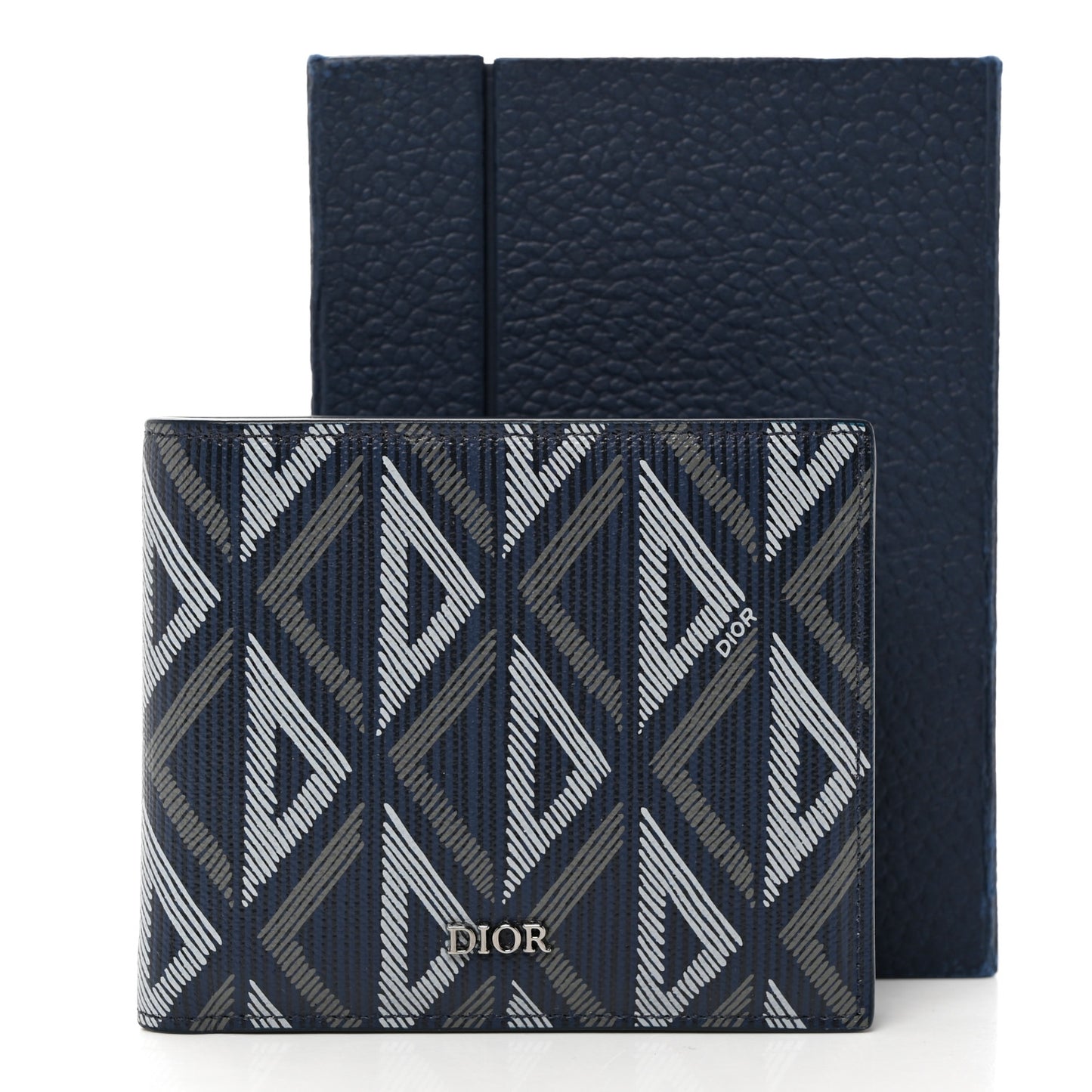 Coated Canvas Calfskin CD Diamond Bifold Wallet Navy