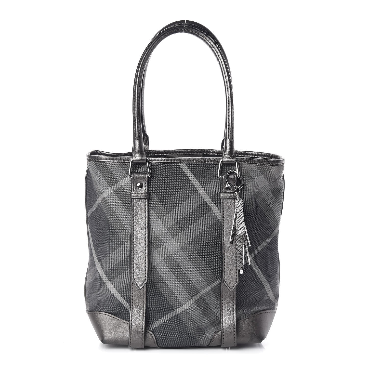 Burberry Canvas Calfskin Shimmer Check Tote Grey 1 of 9