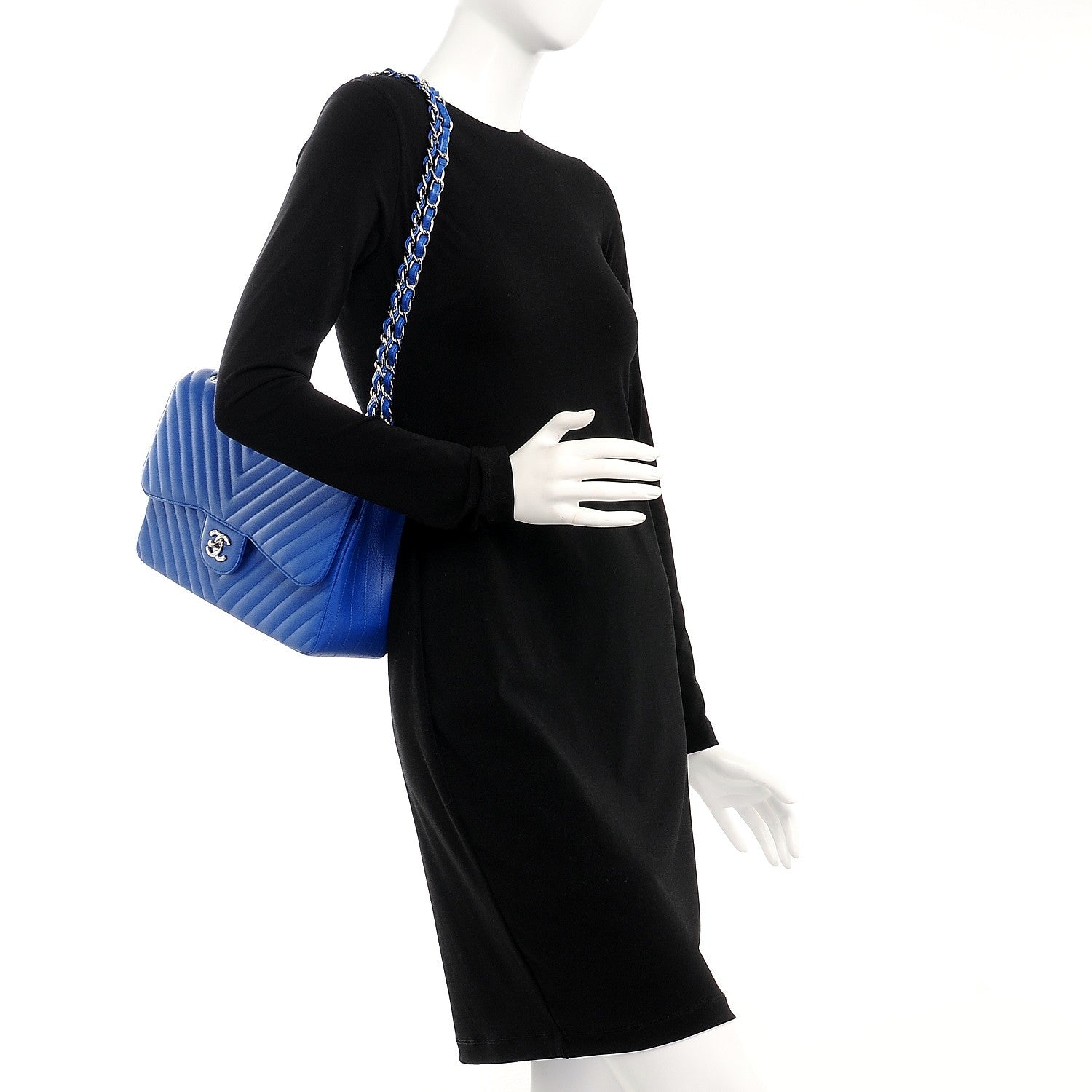 Chanel Caviar Chevron Quilted Jumbo Double Flap Bright Blue 2 of 7