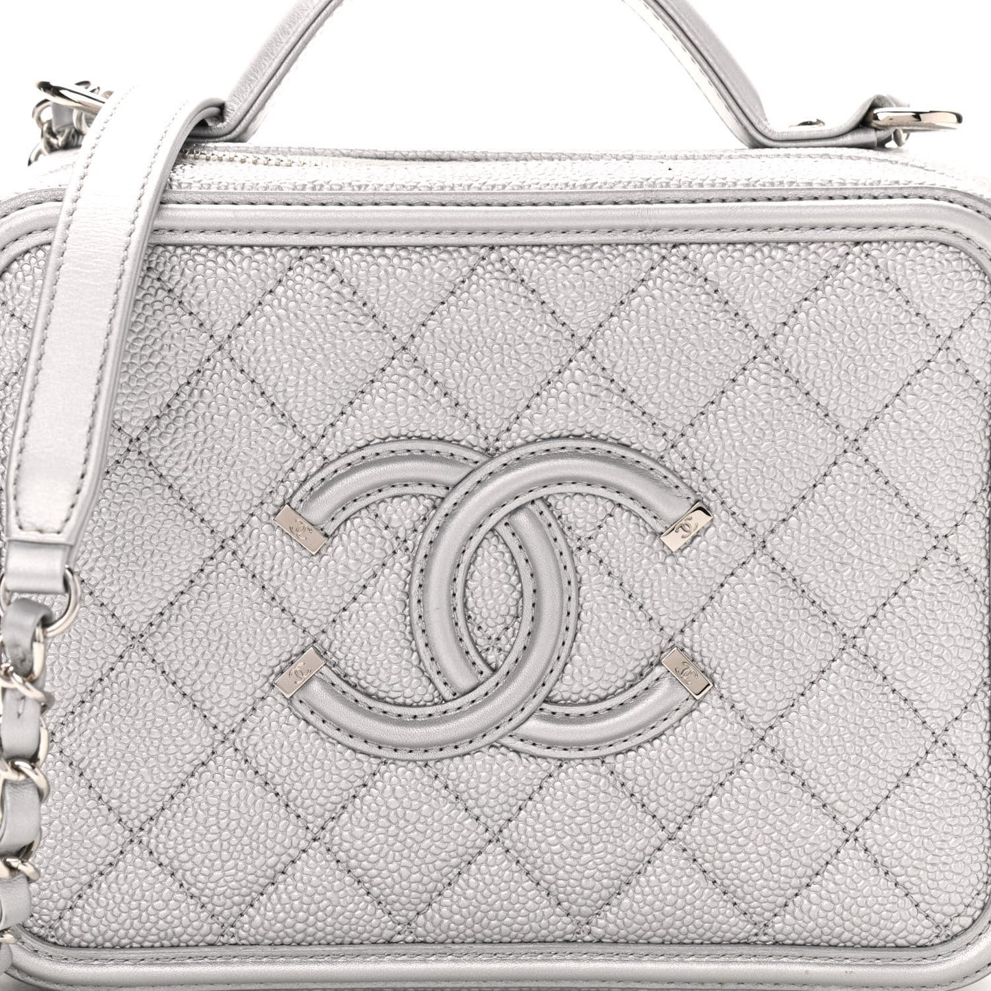 Metallic Caviar Quilted Medium CC Filigree Vanity Case Silver