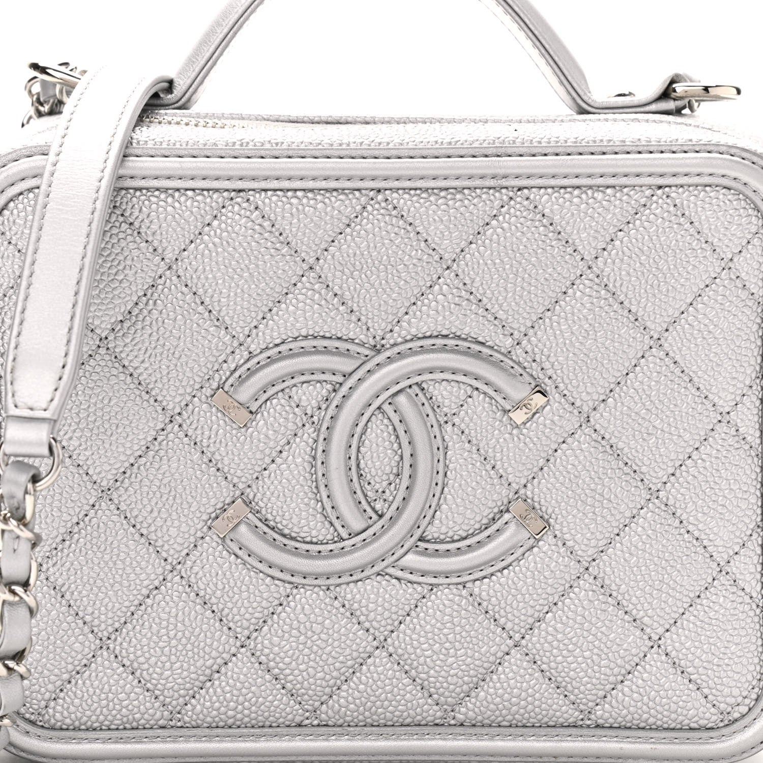 Chanel Metallic Caviar Quilted Medium CC Filigree Vanity Case Silver 8 of 10
