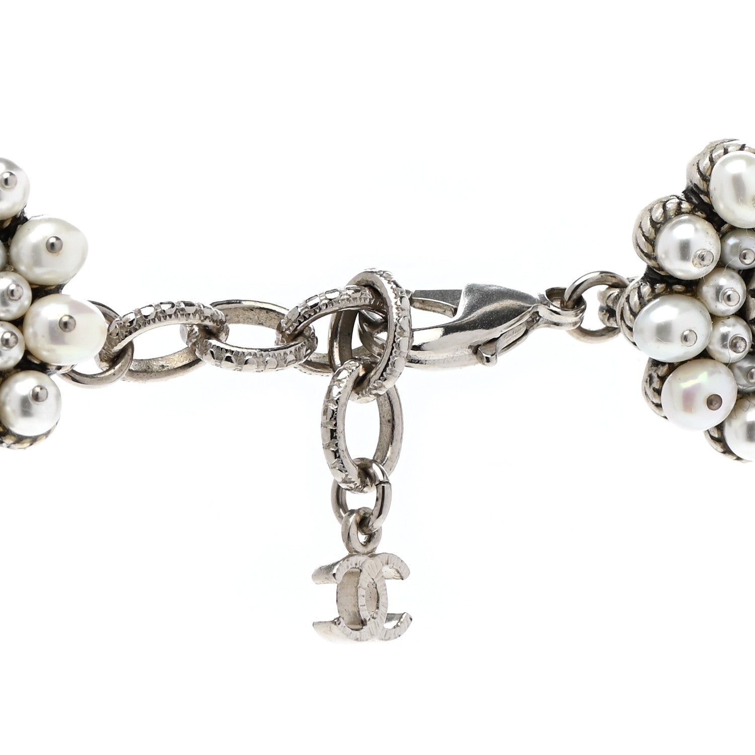 Chanel Crystal Pearl CC Leaf Necklace Silver 5 of 6