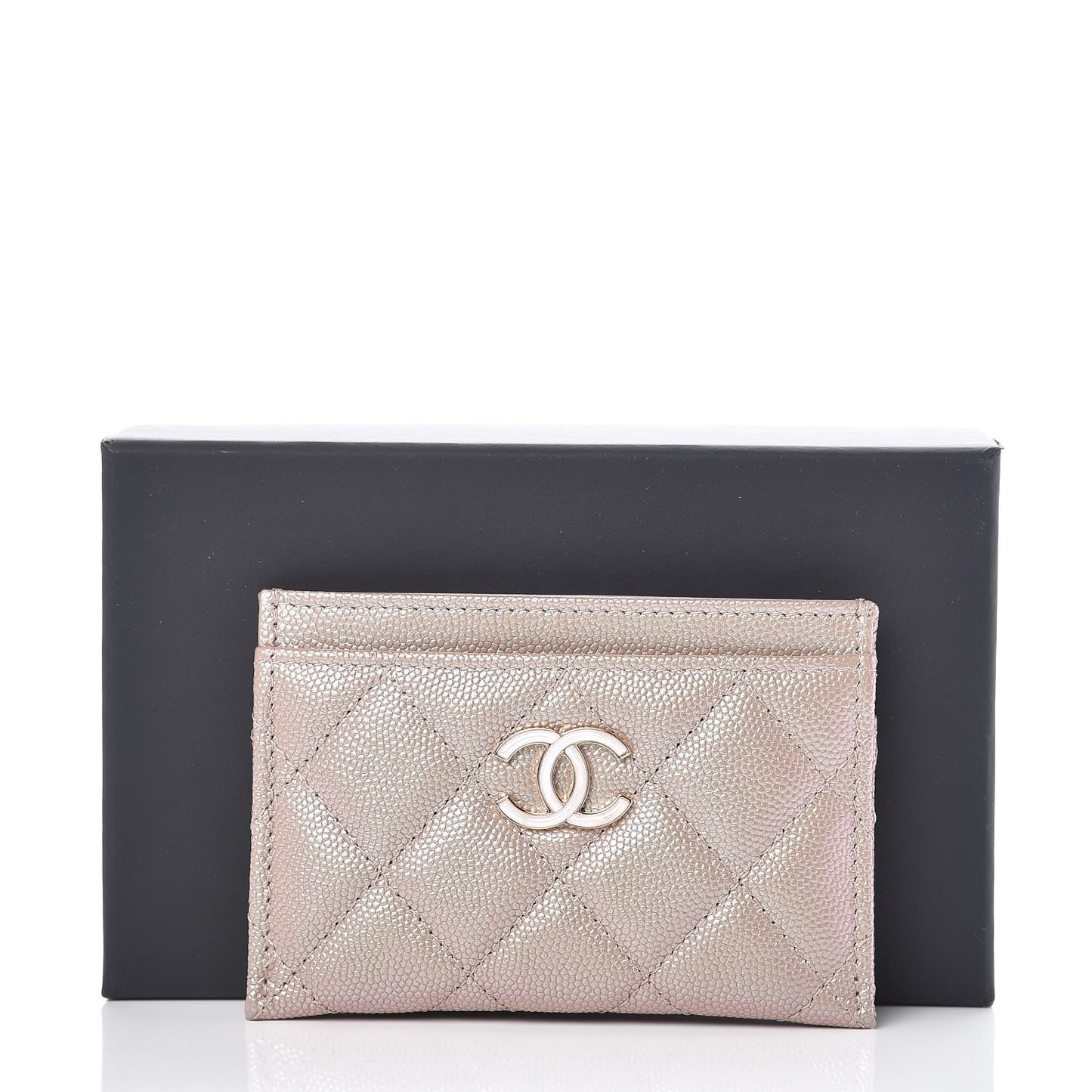 Iridescent Caviar Quilted Card Holder Beige