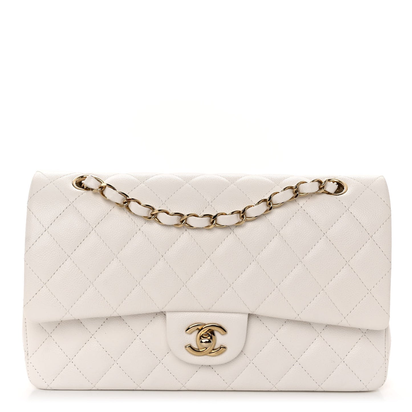 Caviar Quilted Medium Double Flap White