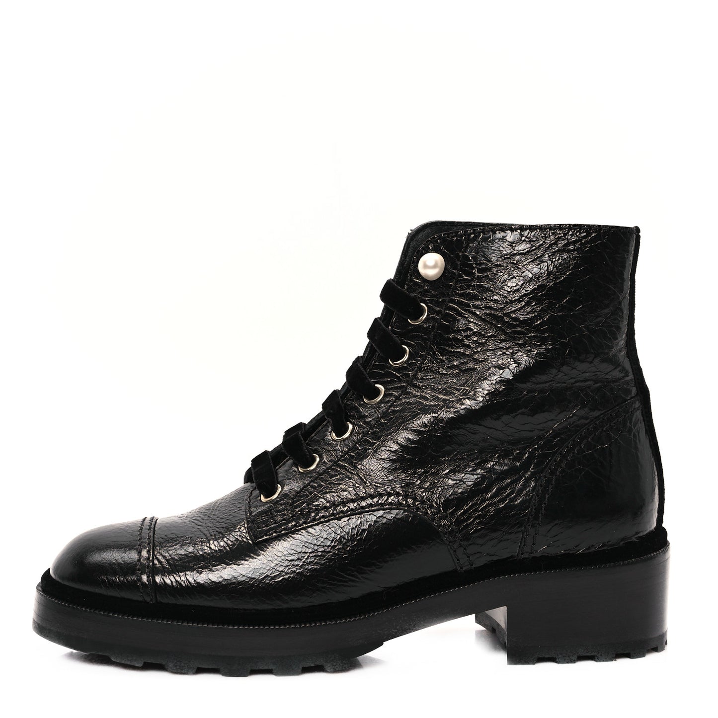 Shiny Calfskin Velvet Pearl Combat Short Boots 39.5 Black