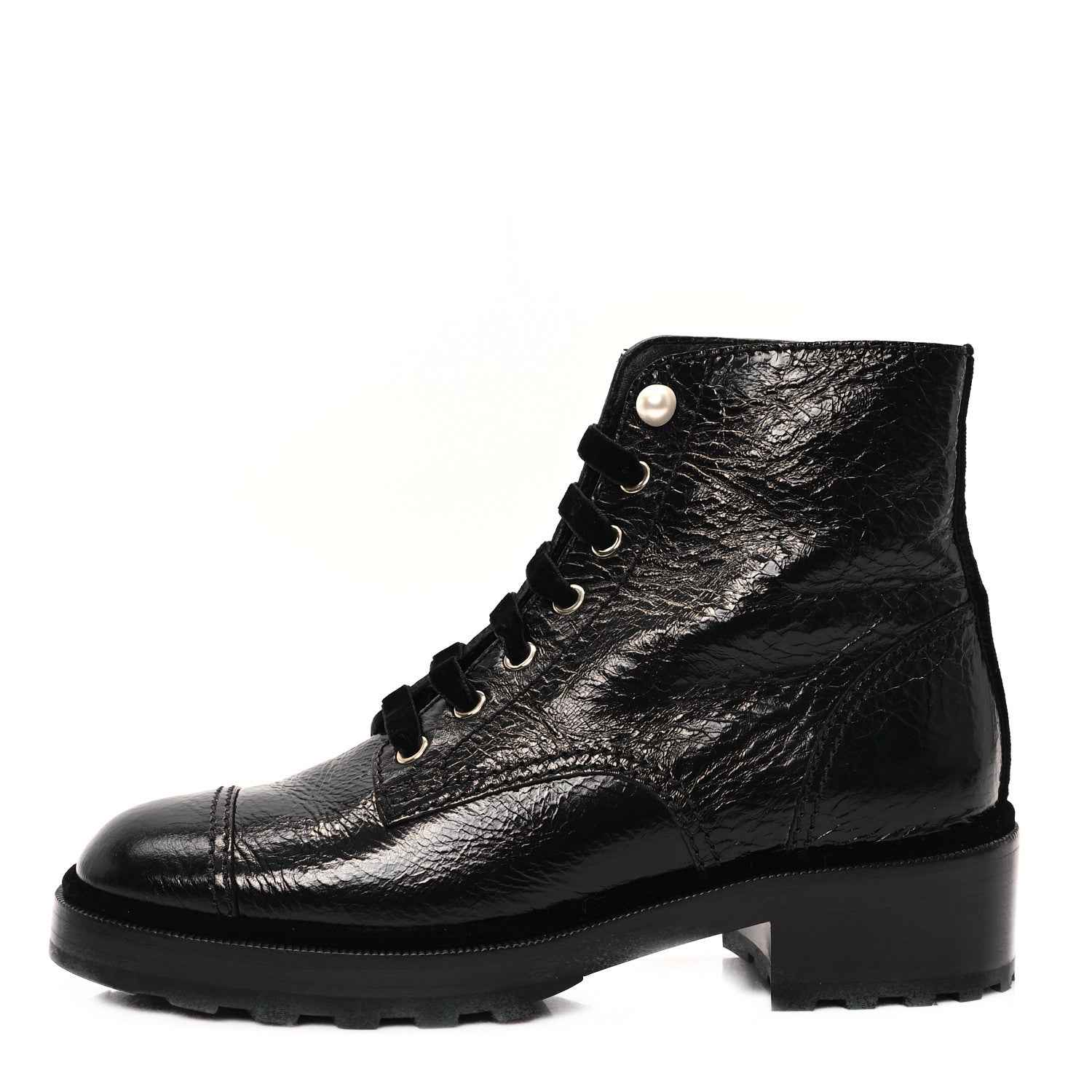 Chanel Shiny Calfskin Velvet Pearl Combat Short Boots 39.5 Black 1 of 10