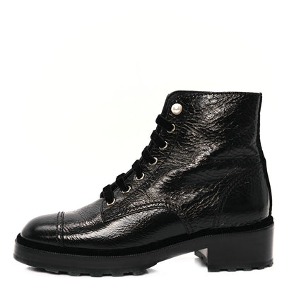 Chanel Shiny Calfskin Velvet Pearl Combat Short Boots 39.5 Black 1 of 10