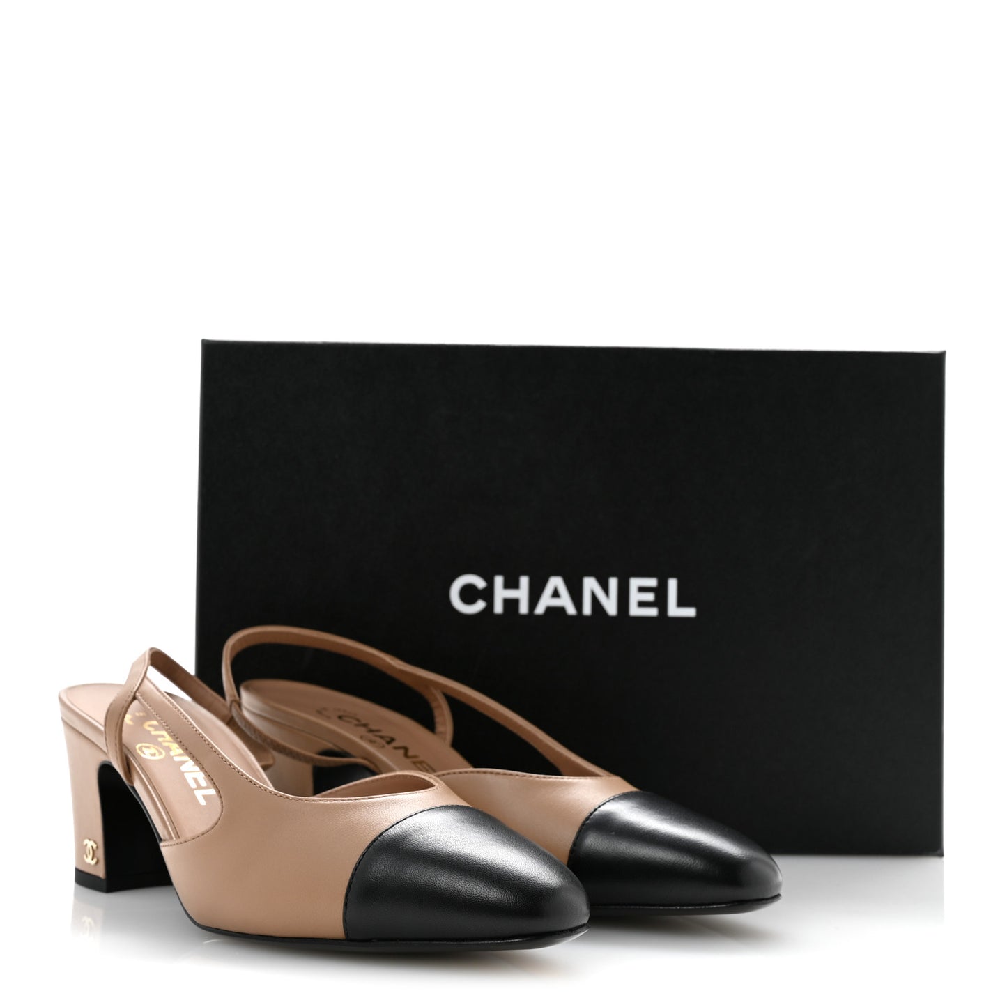 Lambskin Cap Toe CC Slingback Pumps 36.5 Dark Beige Black