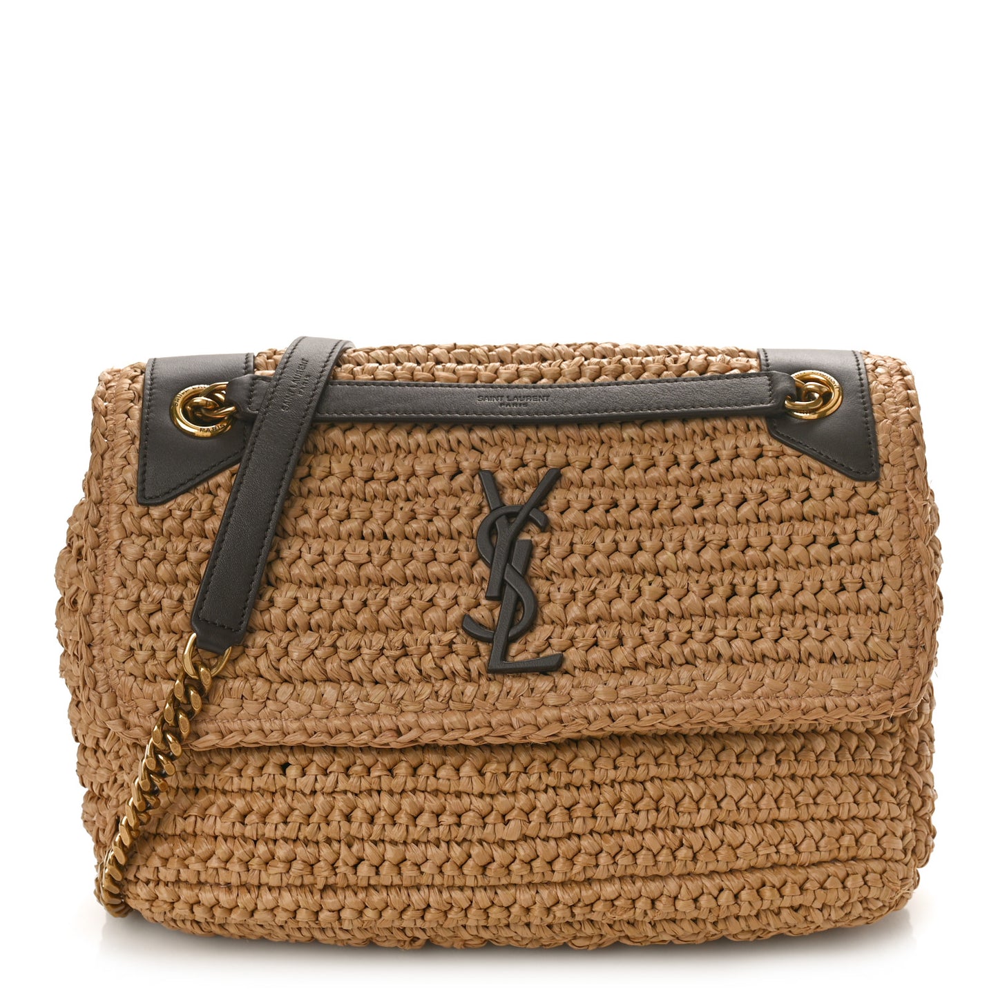 Raffia Calfskin Monogram Medium Niki Chain Satchel Natural