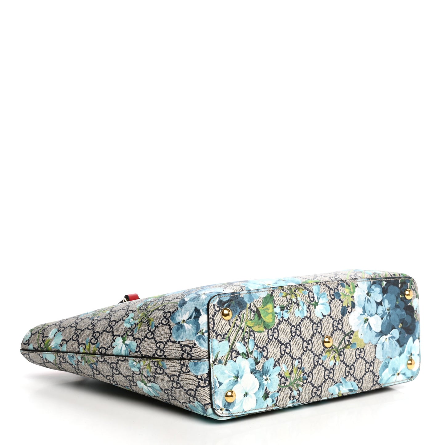 GG Supreme Monogram Blooms Medium Zippered Bucket Tote Beige Blue Navy Hibiscus Red