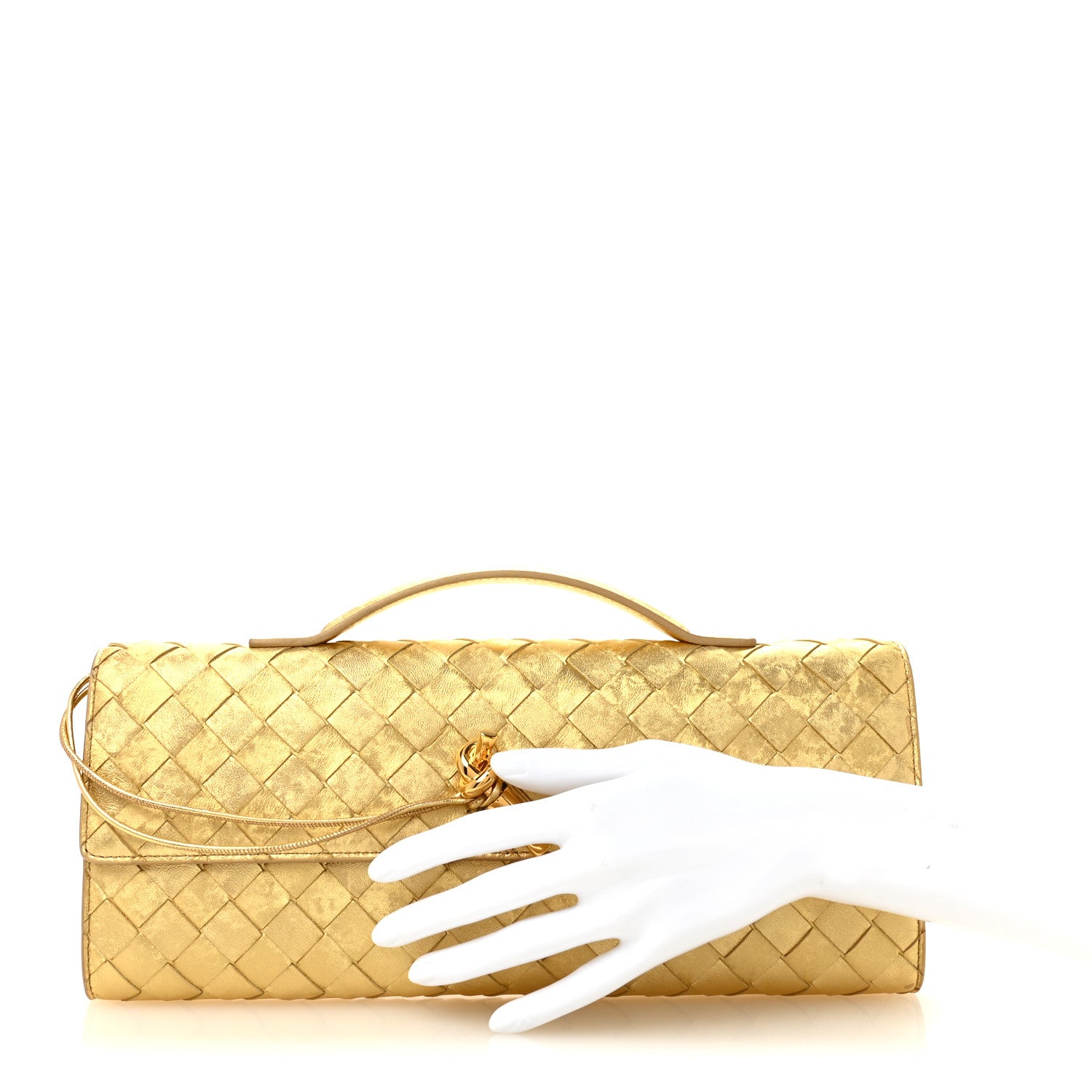 Bottega Veneta Metallic Satin Lambskin Intrecciato Long Andiamo Top Handle Clutch Gold 2 of 8