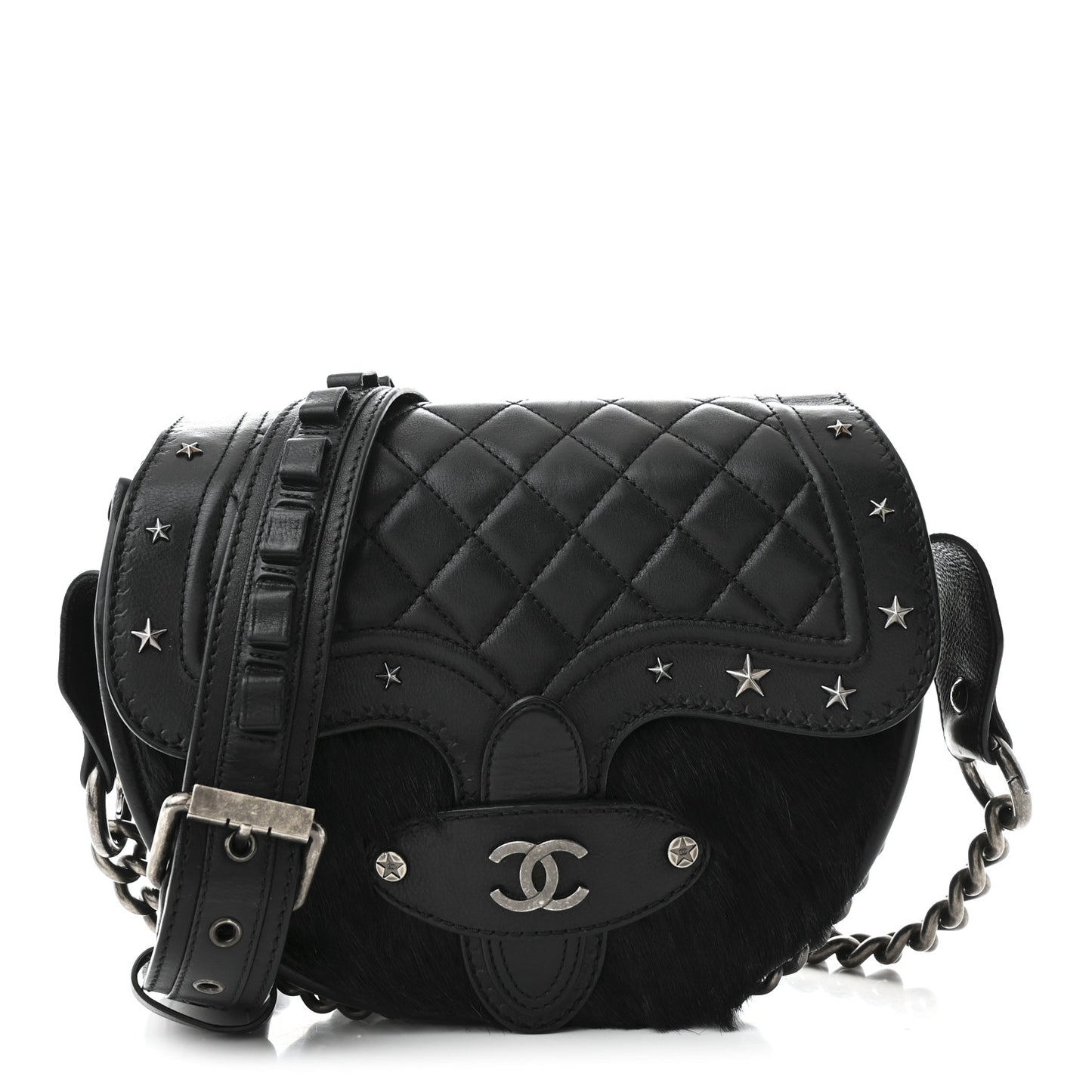 Pony Hair Calfskin Quilted Dallas Studded Saddle Bag Black Black