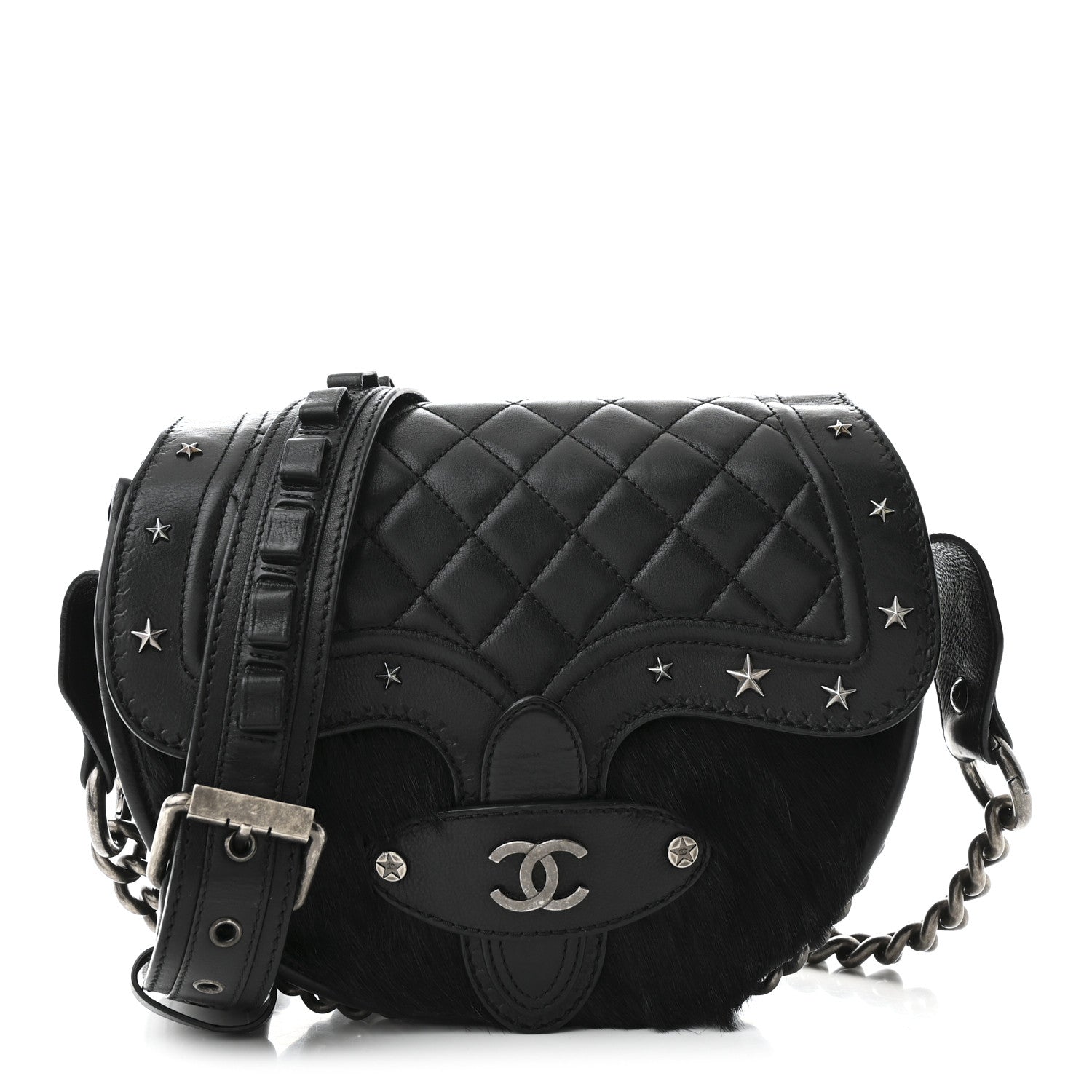 Chanel Pony Hair Calfskin Quilted Dallas Studded Saddle Bag Black Black 1 of 12