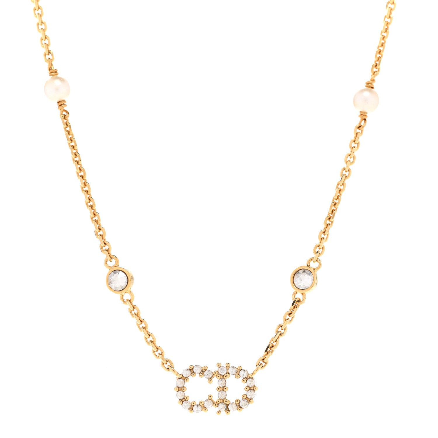 Christian Dior Metal Crystal Pearl Clair D Lune Necklace Gold 1 of 5
