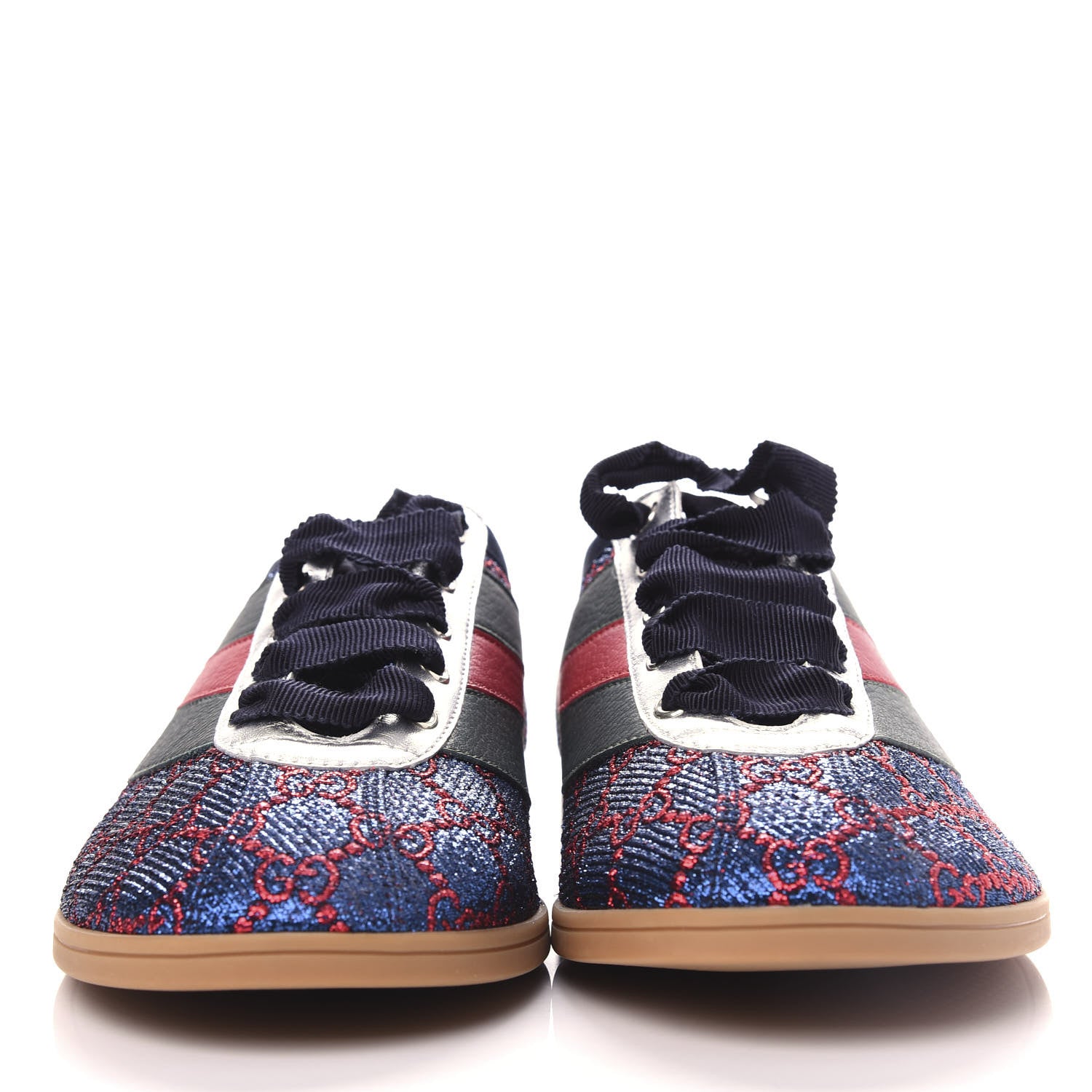 Gucci Lurex Calfskin Web GG Monogram Mens Falacer Sneakers 8 Iridescent Blue Iridescent Red Silver 2 of 12