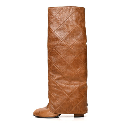 Chanel Calfskin Quilted CC High Boots 37.5 Brown 1 of 11