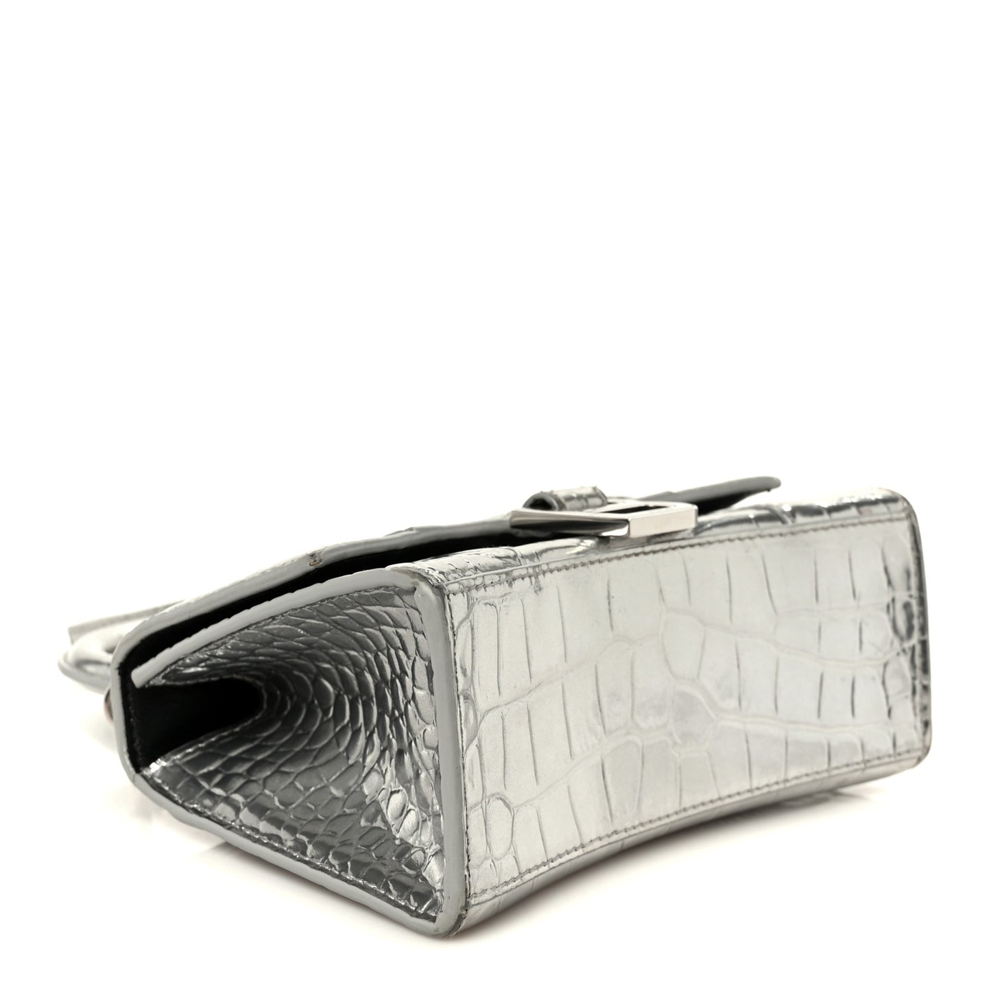 Metallic Calfskin Crocodile Embossed Hourglass Top Handle Bag XS Silver
