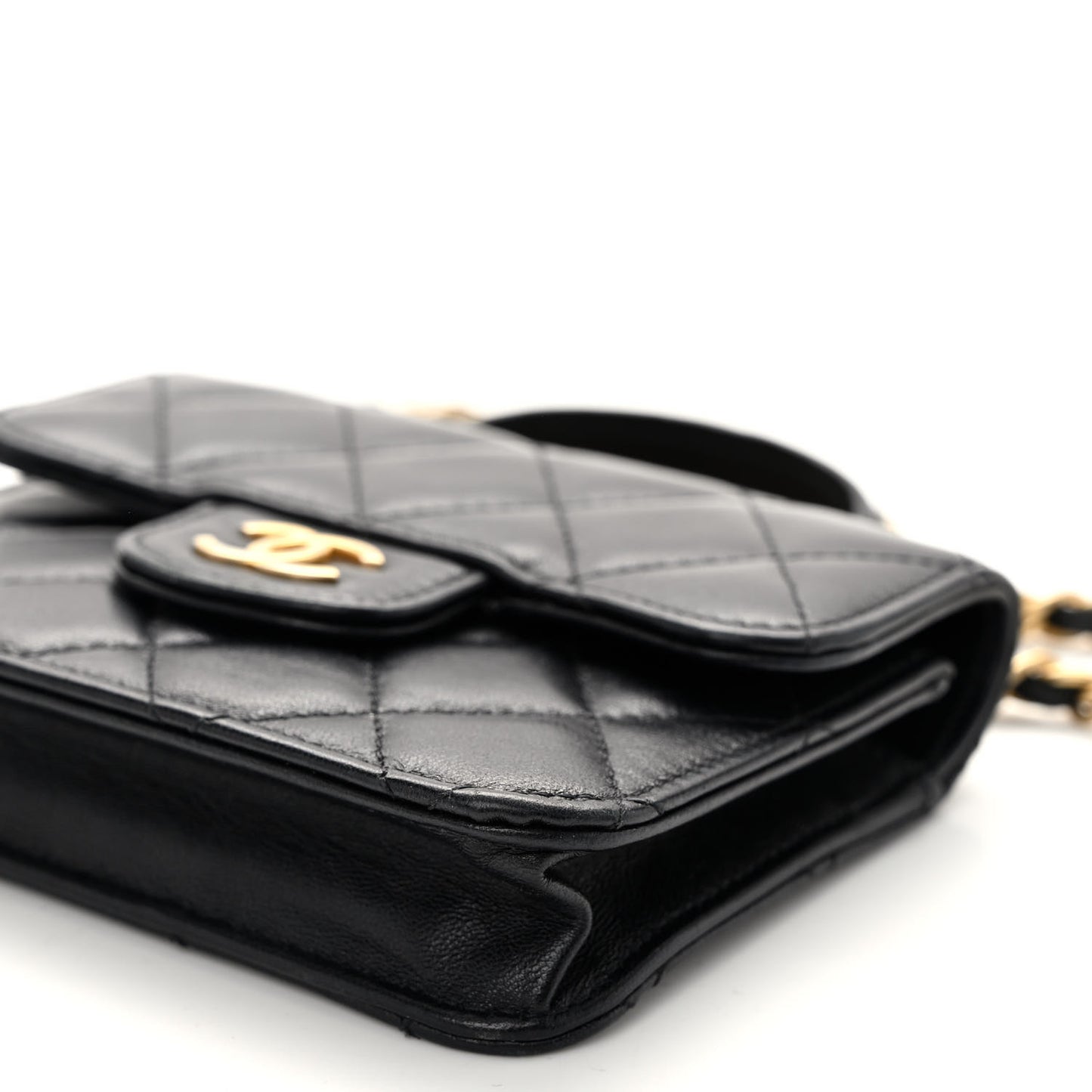 Lambskin Quilted Top Handle Flap Coin Purse With Chain Black