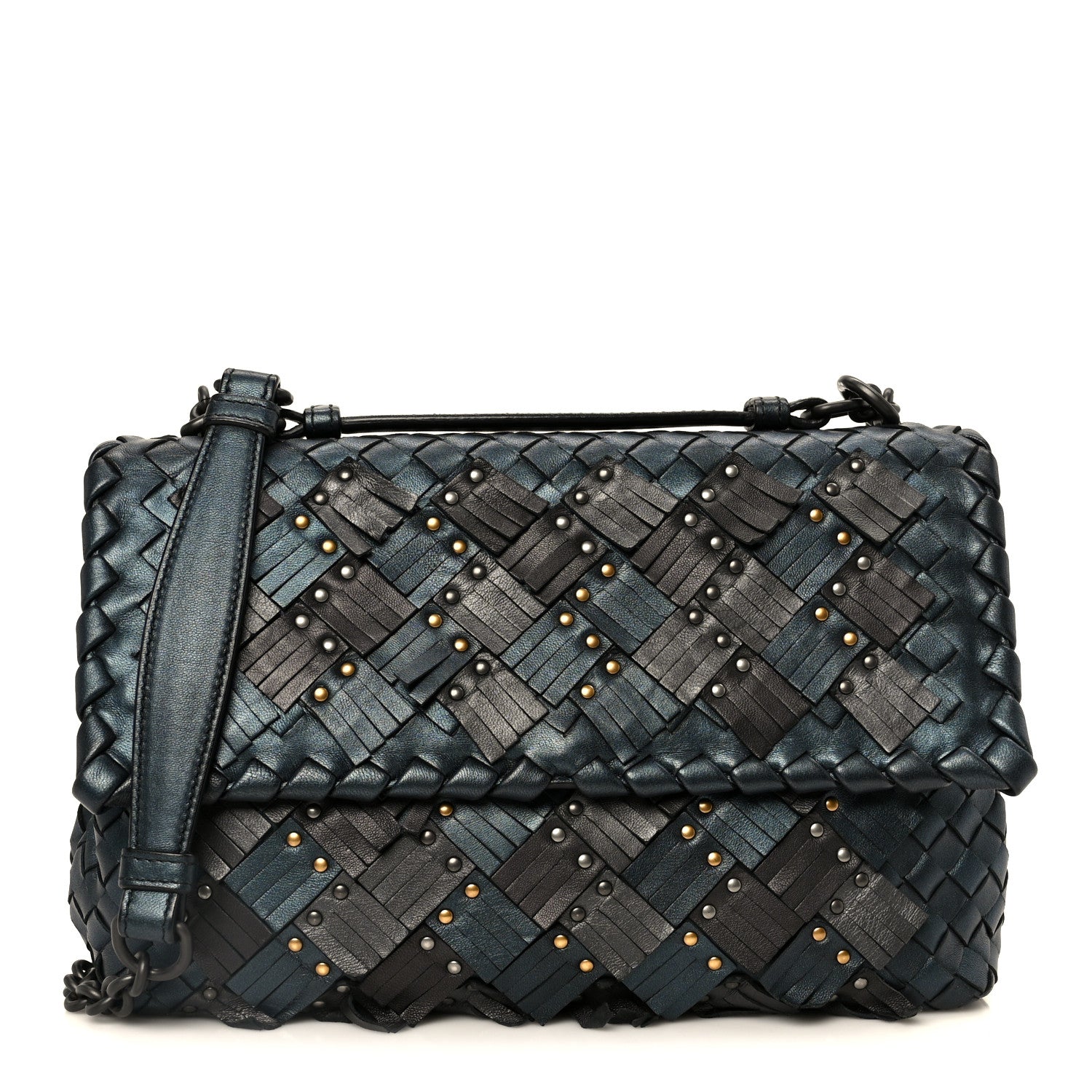 Bottega Veneta Metallic Nappa Intrecciato Fringe Studded Olimpia Bag Blue Black Blue Black 1 of 11