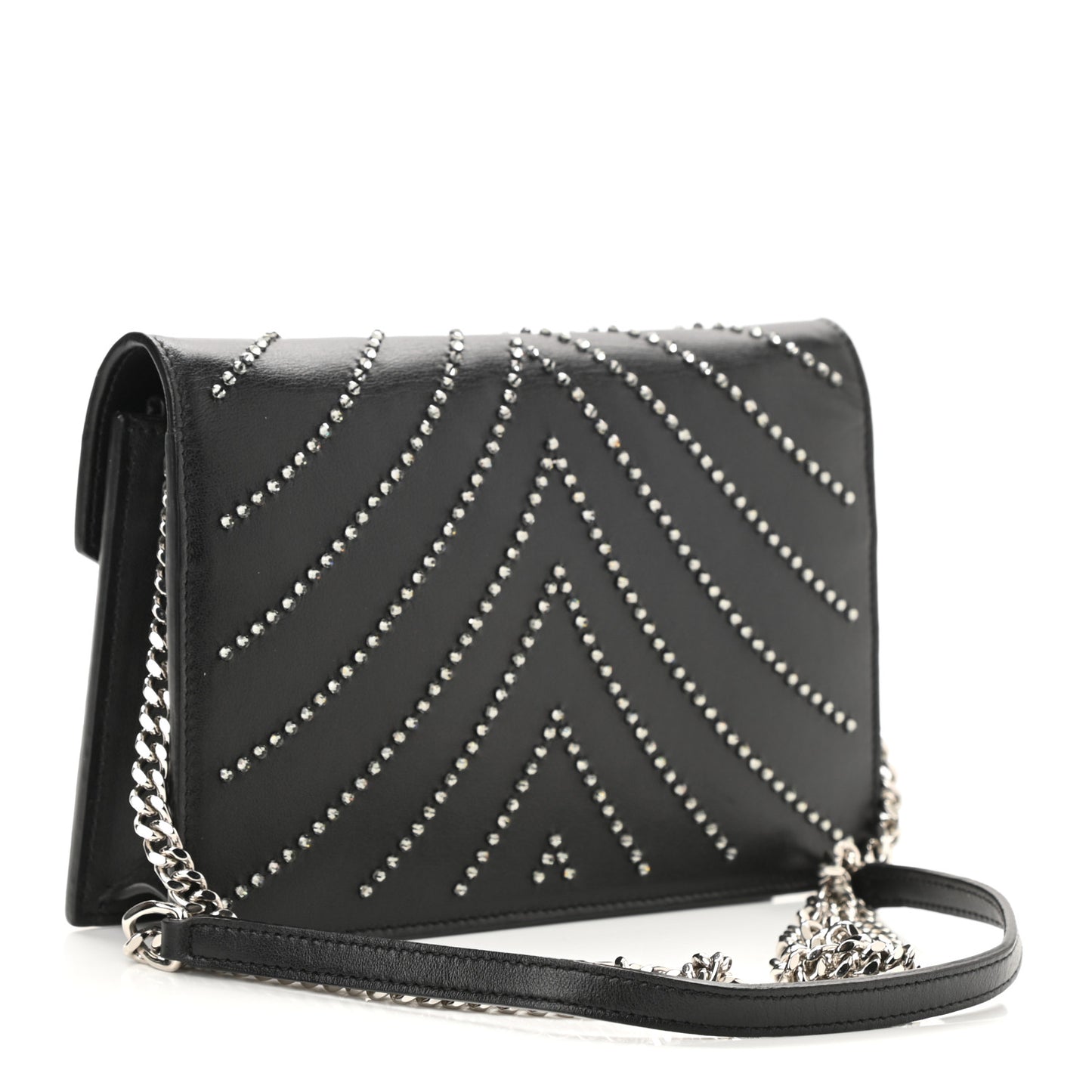 Calfskin Studded Monogram Envelope Chain Wallet Black