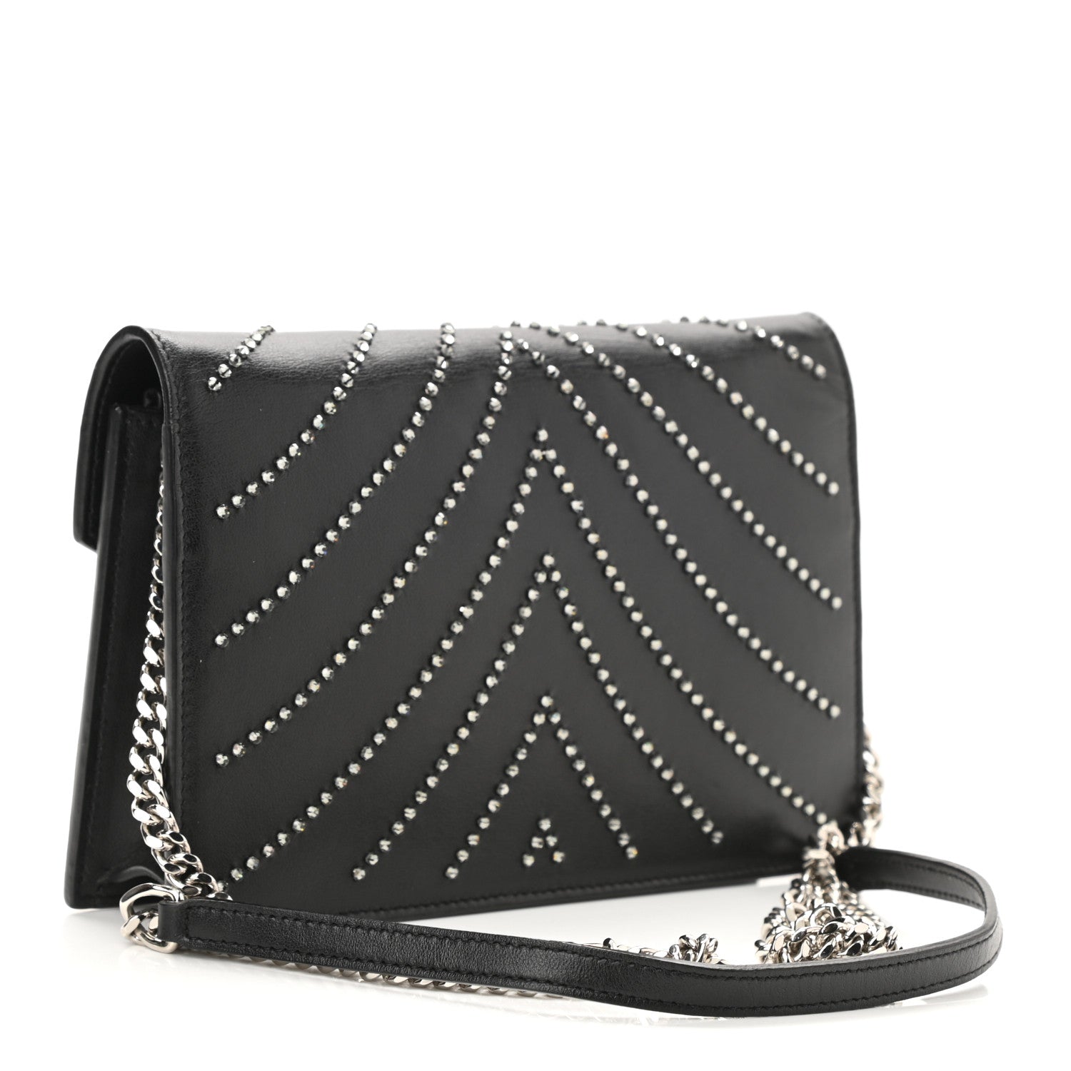 Saint Laurent Calfskin Studded Monogram Envelope Chain Wallet Black 2 of 9