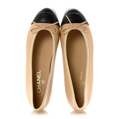 Chanel Lambskin Cap Toe CC Ballerina Flats 39.5 Beige Black 2 of 10