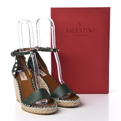 Valentino Garavani Grained Calfskin Rockstud Ankle Strap Espadrille 15/105mm Wedge Sandals 38 Army Green Natural 12 of 12