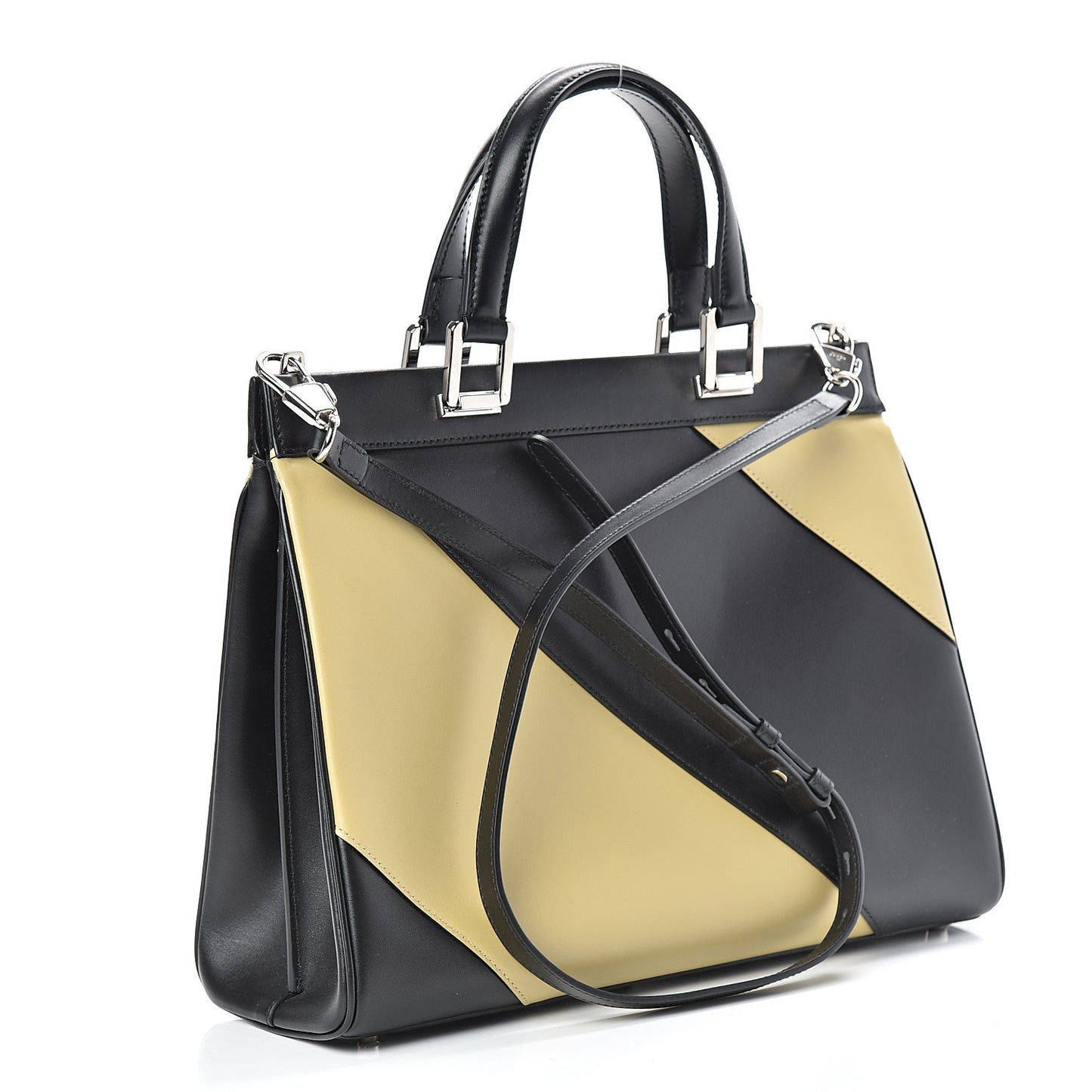 Smooth Calfskin Diagonal Striped Medium Zumi Top Handle Bag Black Beige