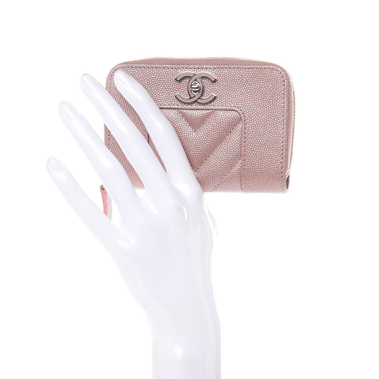 Metallic Caviar Chevron Quilted Vintage Mademoiselle Zip Coin Purse Pink