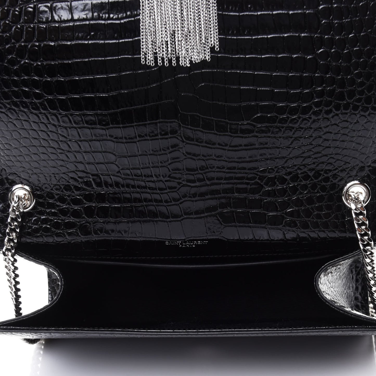 Calfskin Crocodile Embossed Medium Classic Monogram Kate Tassel Satchel Black
