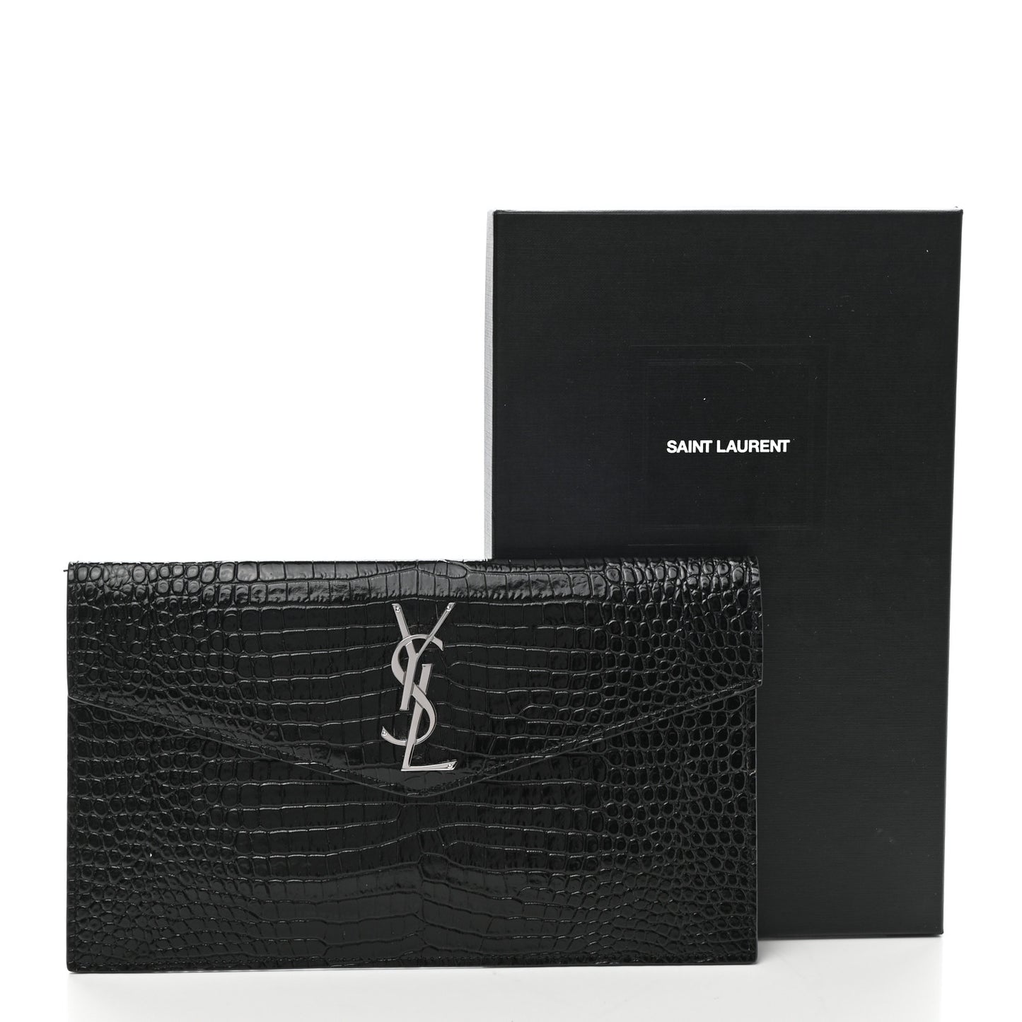 Calfskin Crocodile Embossed Uptown Monogram Pouch Black