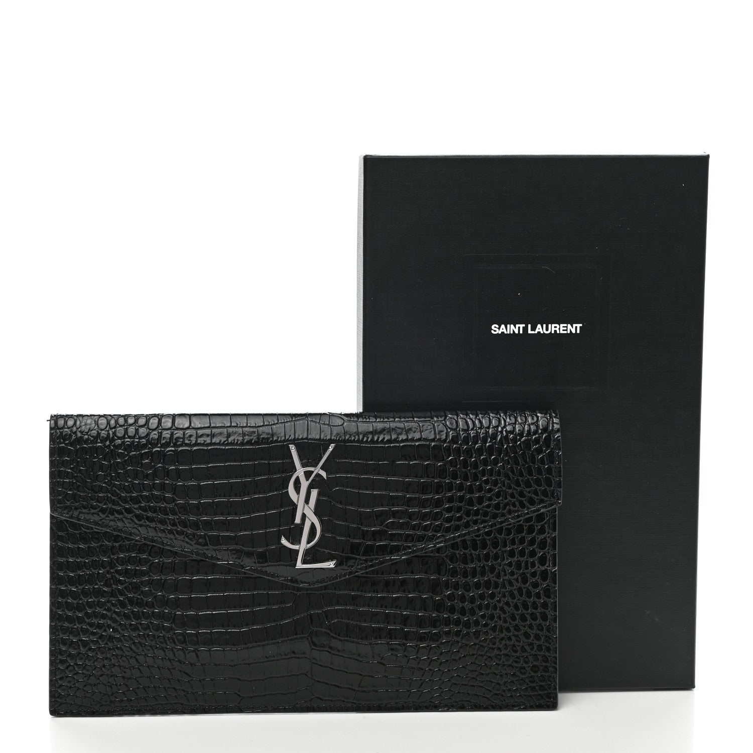 Saint Laurent Calfskin Crocodile Embossed Uptown Monogram Pouch Black 7 of 7