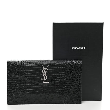Saint Laurent Calfskin Crocodile Embossed Uptown Monogram Pouch Black 7 of 7