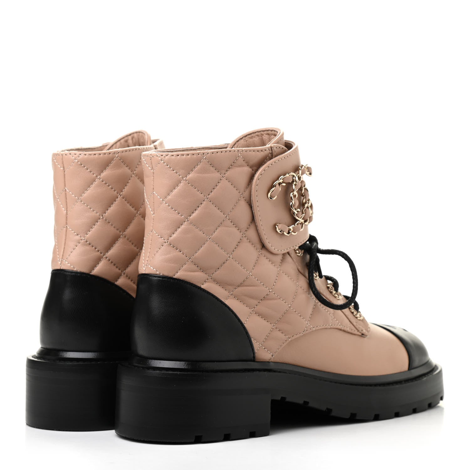 Chanel Shiny Lambskin Quilted Lace Up Combat Boots 36 Beige Black 4 of 7