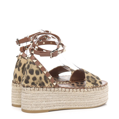 Valentino Garavani Canvas Leopard Print Rockstud Ankle Wrap Espadrille Flatform Sandals 36 Brown 4 of 7