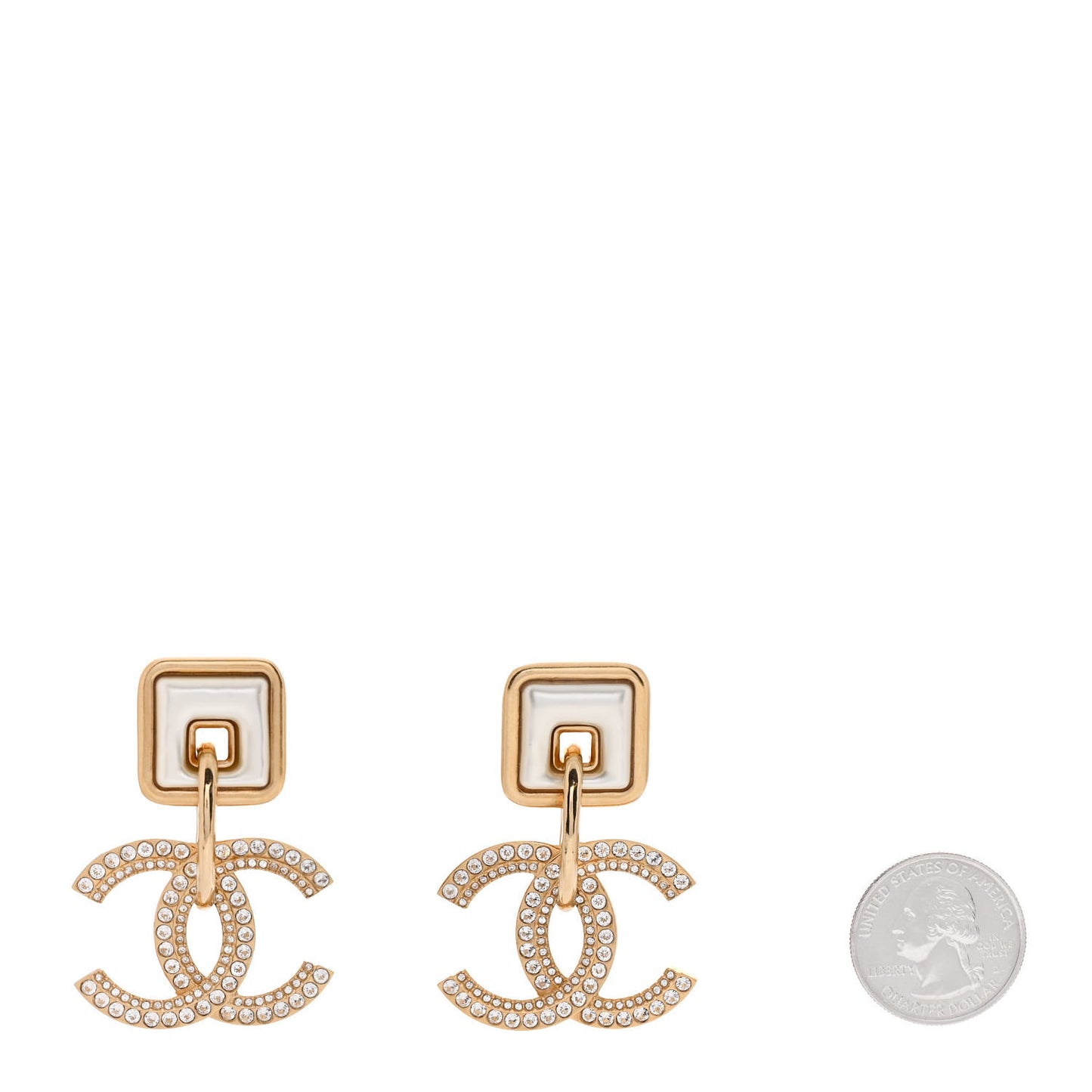 Crystal Pearl CC Square Drop Earrings Gold Pearly White