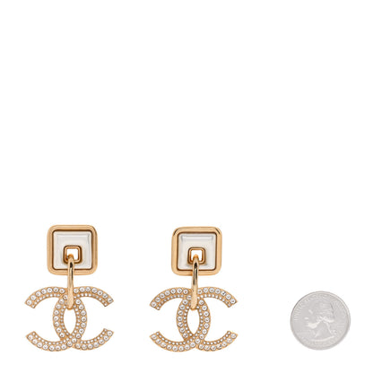 Chanel Crystal Pearl CC Square Drop Earrings Gold Pearly White 2 of 5