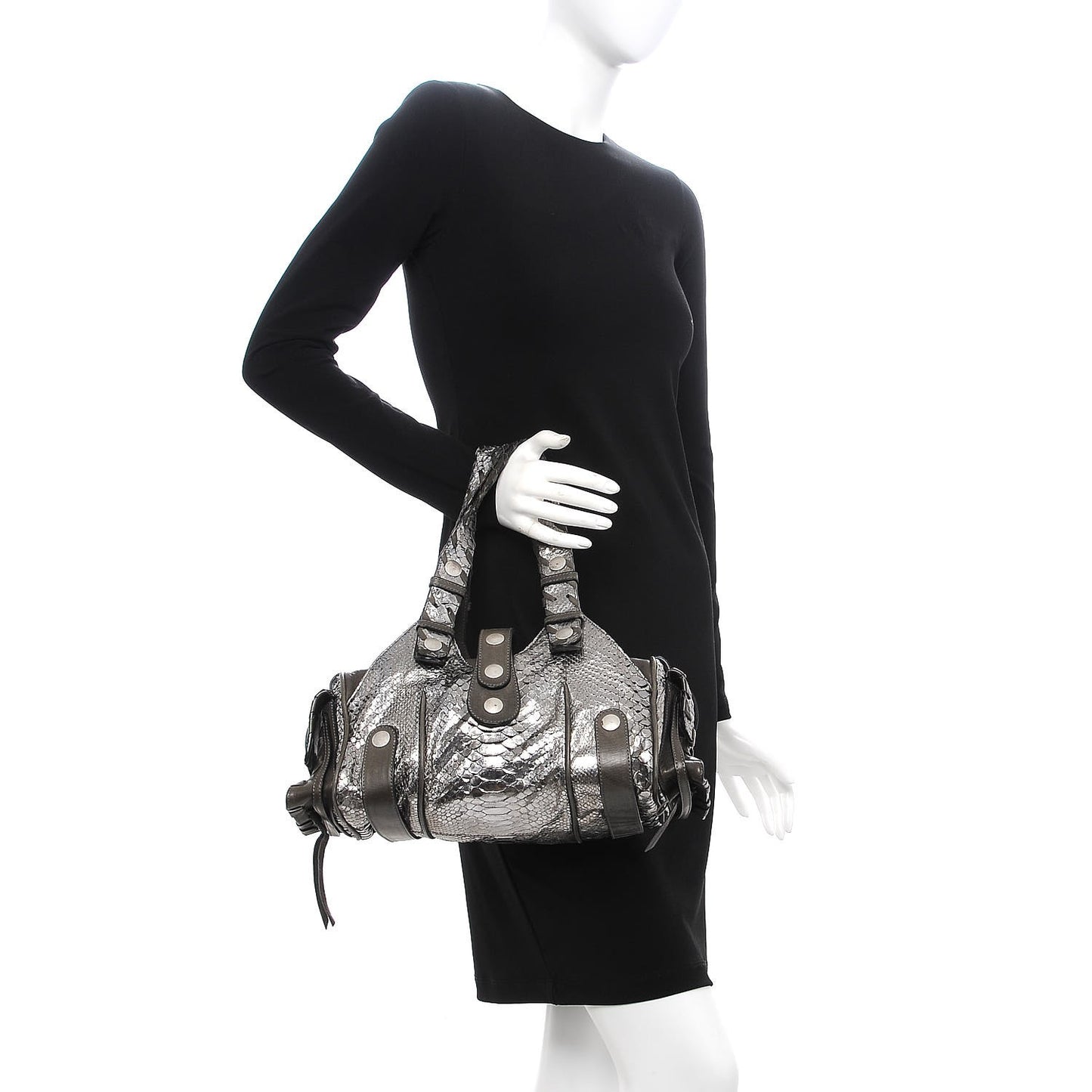 Metallic Python Silverado Shoulder Bag Silver Grey