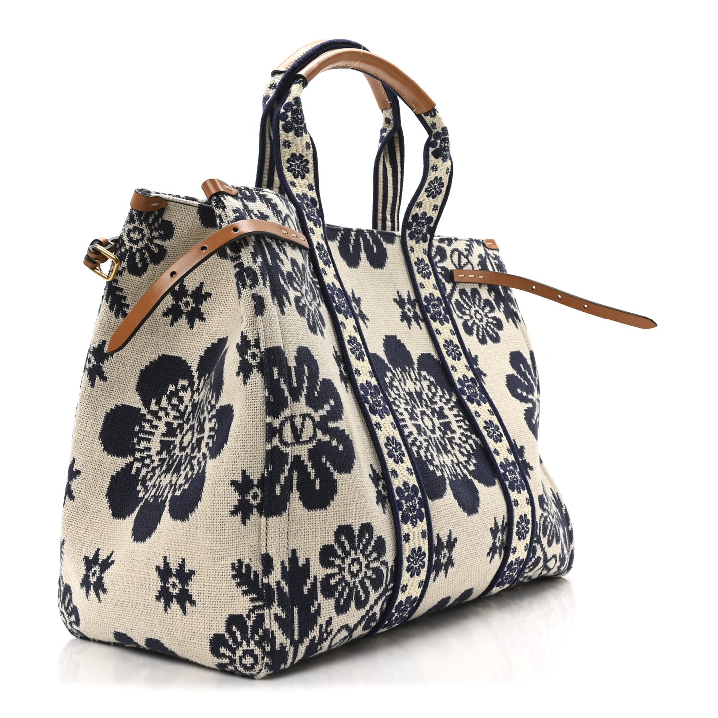 Jacquard Canvas Flower Vlogo Large Antibes Tote Ivory Navy Natural
