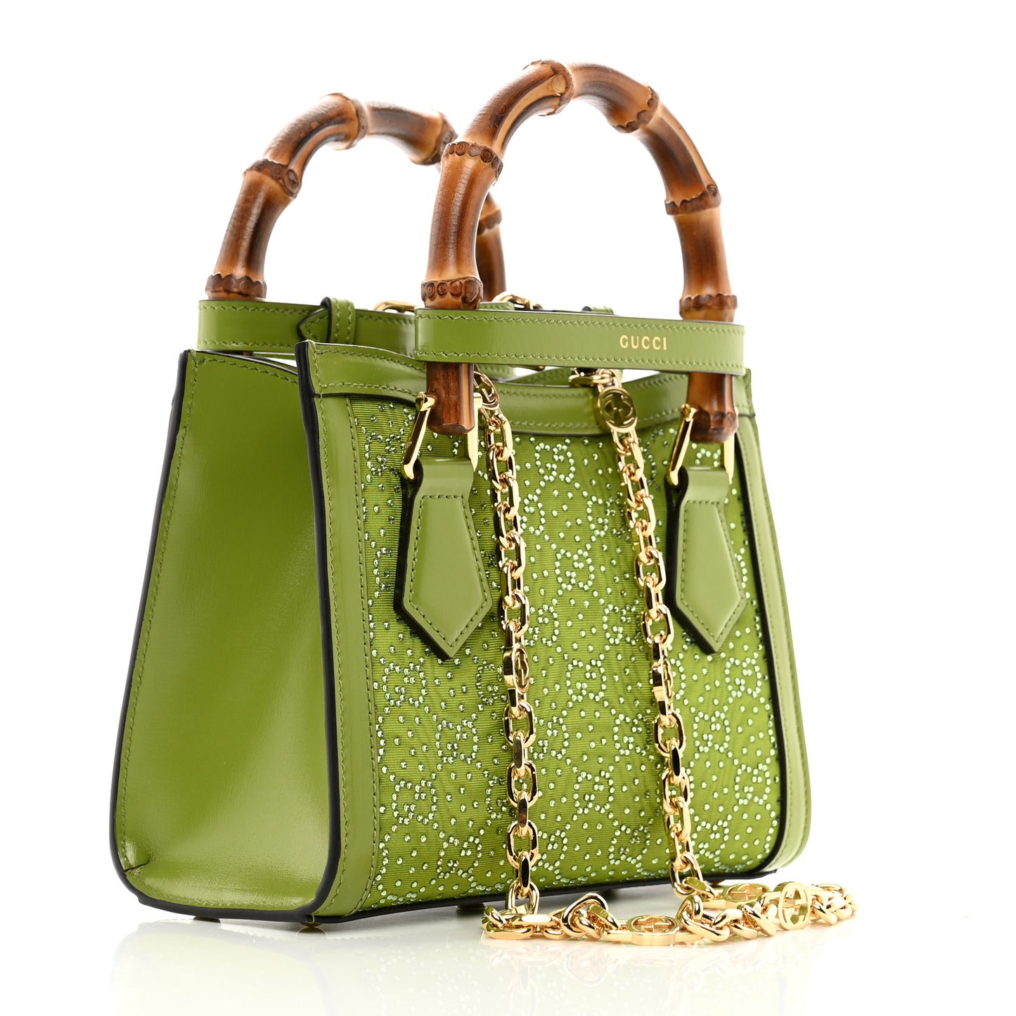 Moire Canvas Calfskin Crystal GG Monogram Mini Diana Tote Bag Green